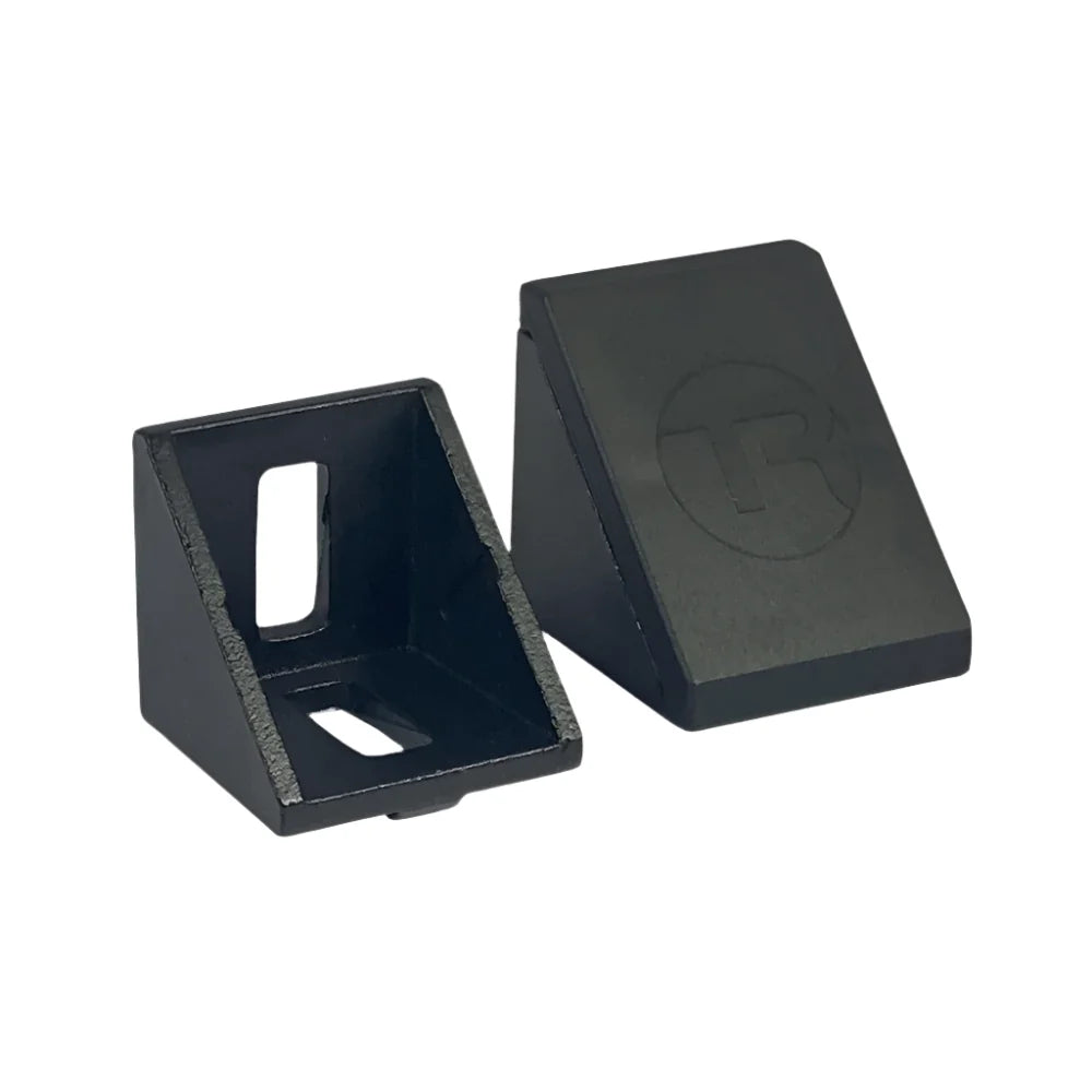 Trak Racer 40mm corner bracket, front and cap view — anodised black aluminium bracket for 8mm slot profile