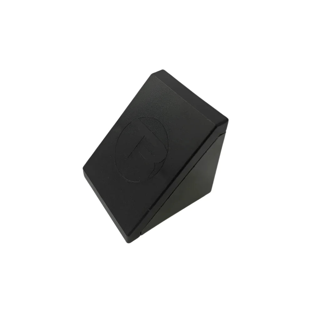 Trak Racer 40mm corner bracket cap, close-up — ABS end cap with TR logo covering mounting hardware