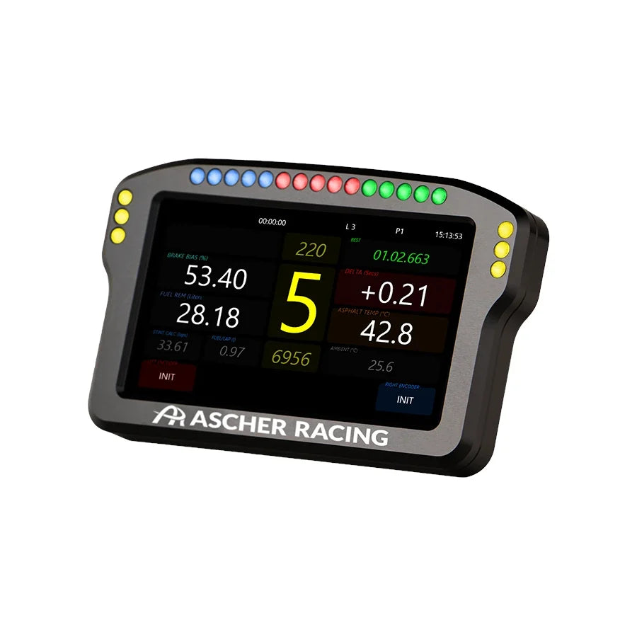 Ascher Racing 4-inch dashboard, three-quarter view with RGB LED strip