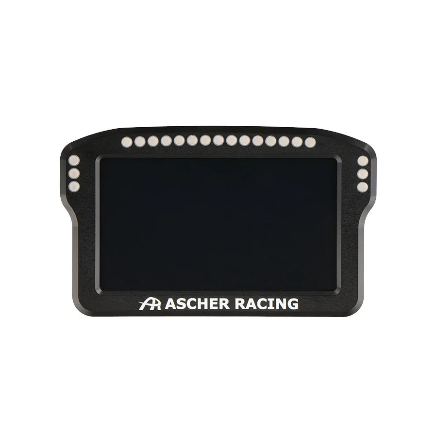 Ascher Racing 4-inch dashboard, straight-on view of the aluminium bezel and screen