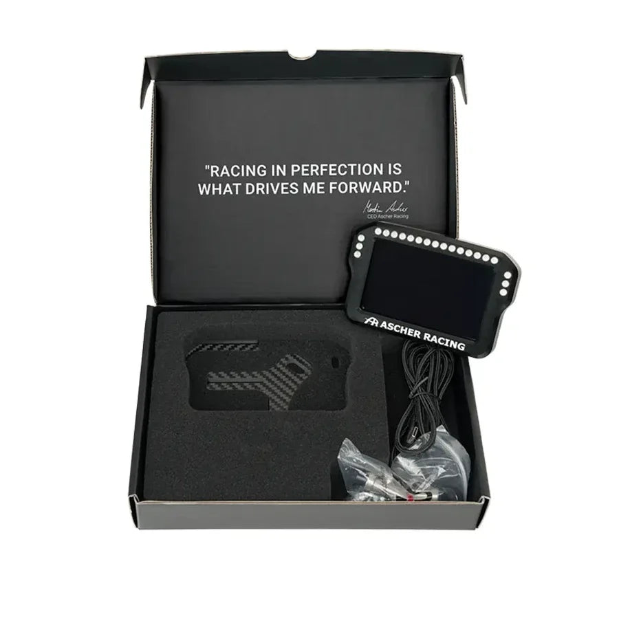 Ascher Racing 4-inch dashboard unboxed with carbon mounting bracket and USB-C cable