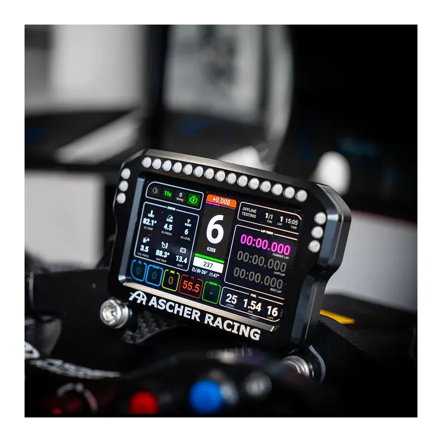 Ascher Racing 4-inch dashboard mounted on a wheel in a sim rig