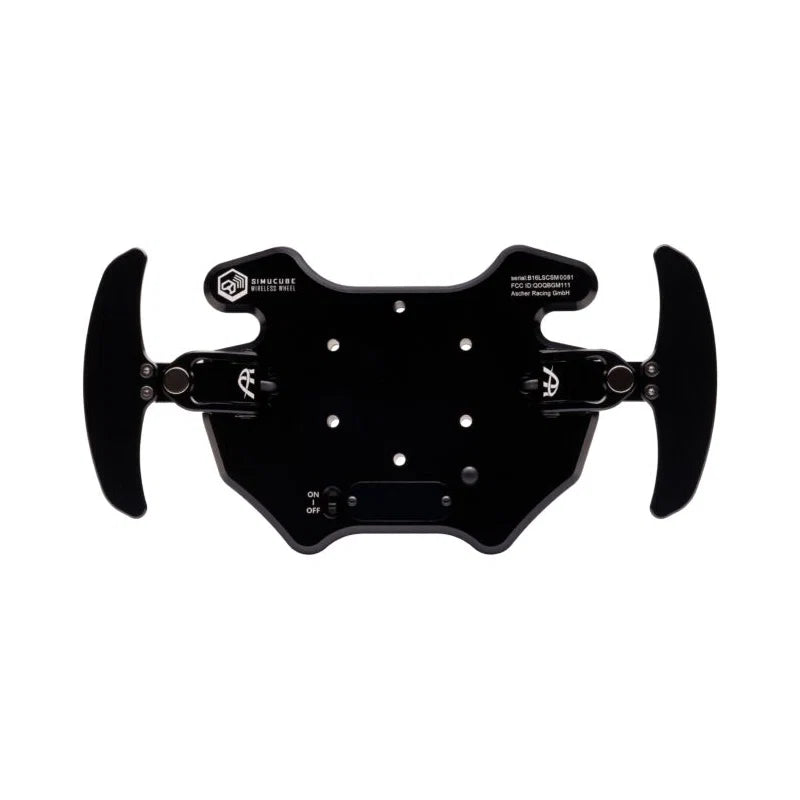 Ascher B24L-SC rear with Simucube Wireless Wheel branding and power switch