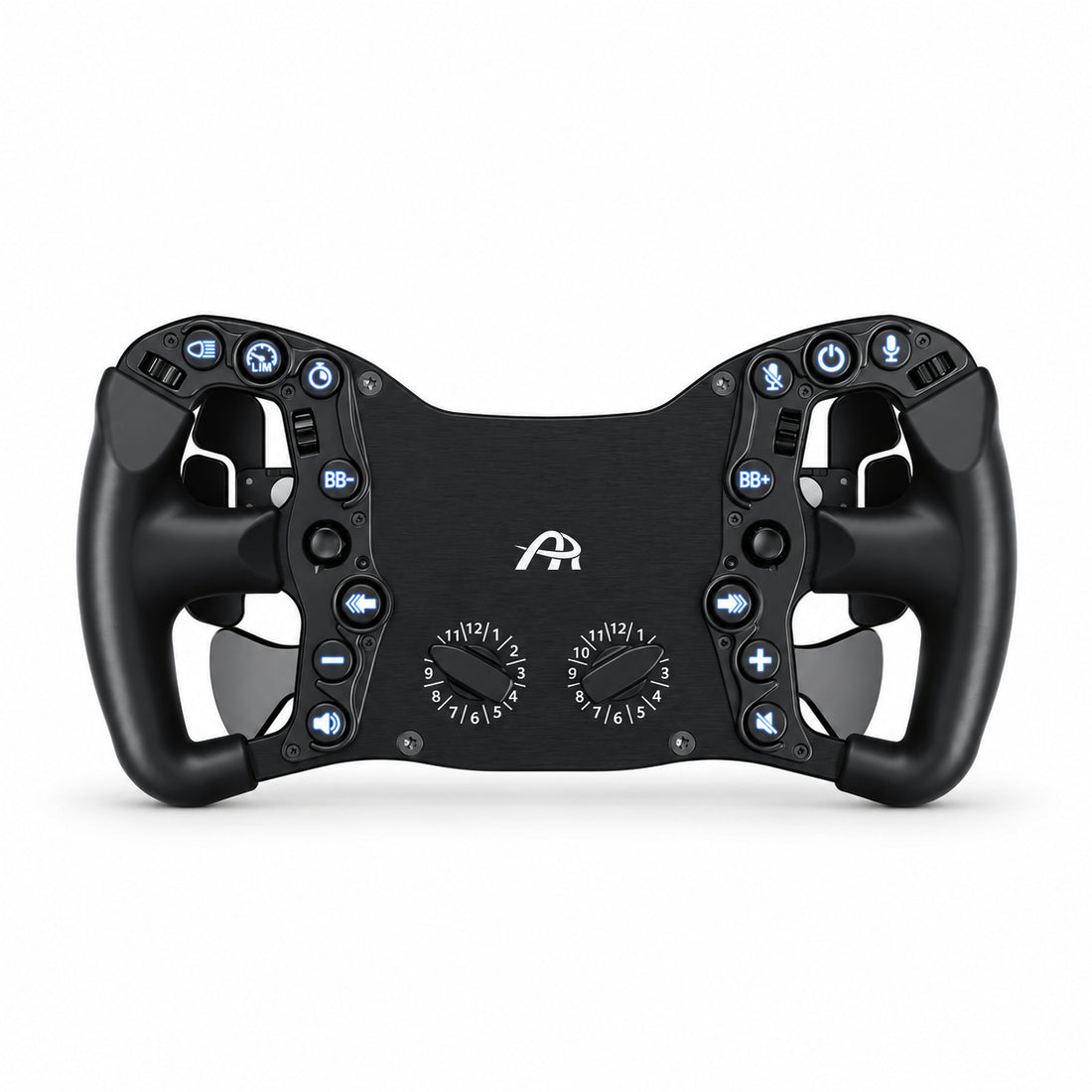 Ascher Racing Pro Black Edition sim racing wheel, front view with blue backlit buttons and black 12-position rotary switches