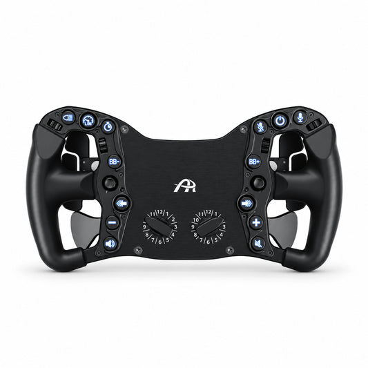 Ascher Racing Pro Black Edition sim racing wheel, front view with blue backlit buttons and black 12-position rotary switches