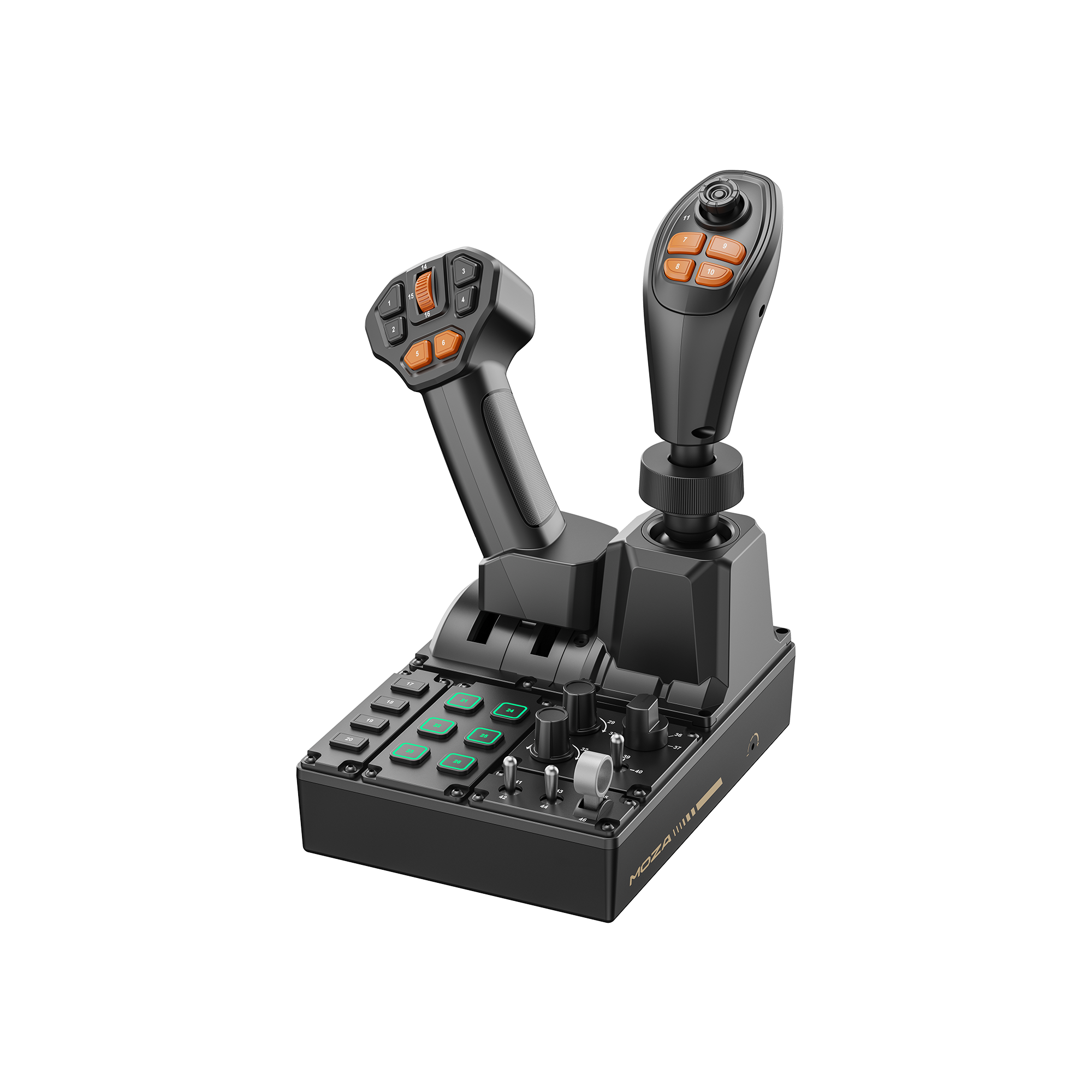 MOZA FCS Farming Control System angled view of the labelled multifunction control panel, switches and rotary dials