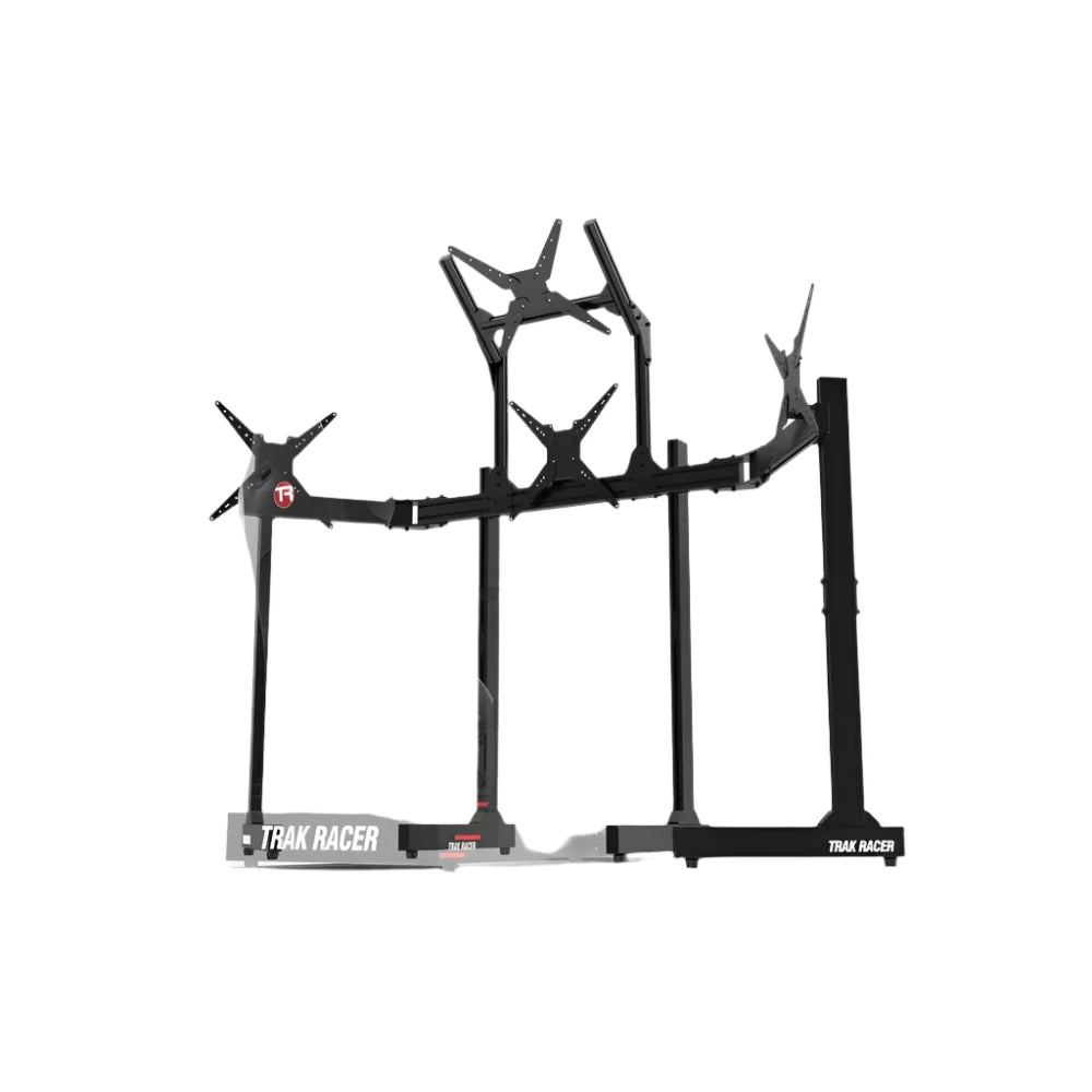 Trak Racer freestanding quad monitor stand, front view showing adjustable leg width overlay