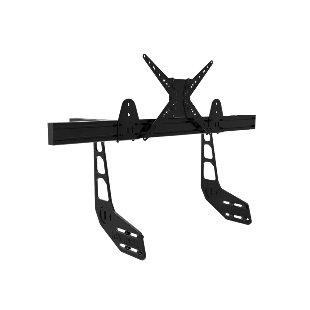 Trak Racer cockpit-mounted single monitor stand, close three-quarter view of VESA plate and legs