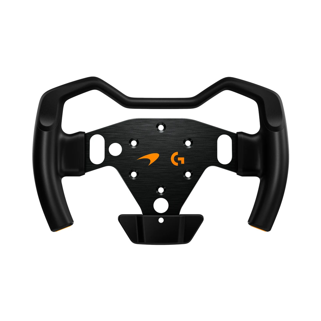 Logitech G RS Formula Wheel McLaren Racing Edition, front view of the Formula-style grips and low-carbon aluminium face plate with McLaren and Logitech G logos
