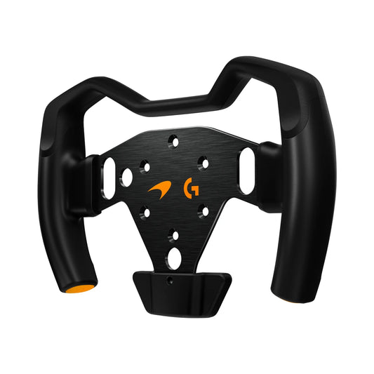 Logitech G RS Formula Wheel McLaren Racing Edition, three-quarter front view showing the sculpted TPE grip shape