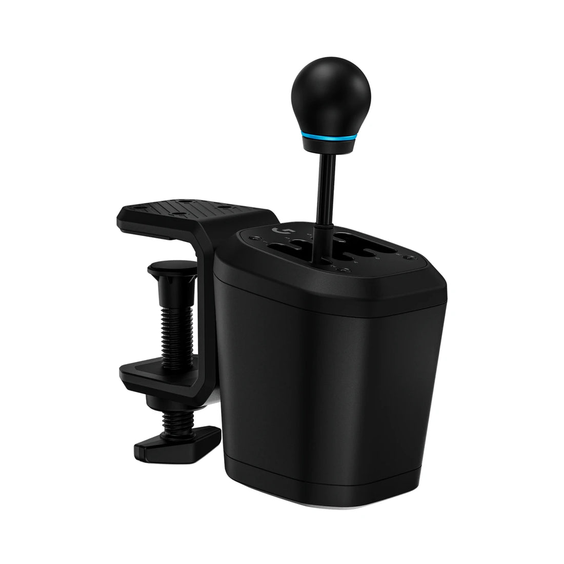 Logitech G RS H-Shifter, three-quarter view with the desk mounting clamp attached