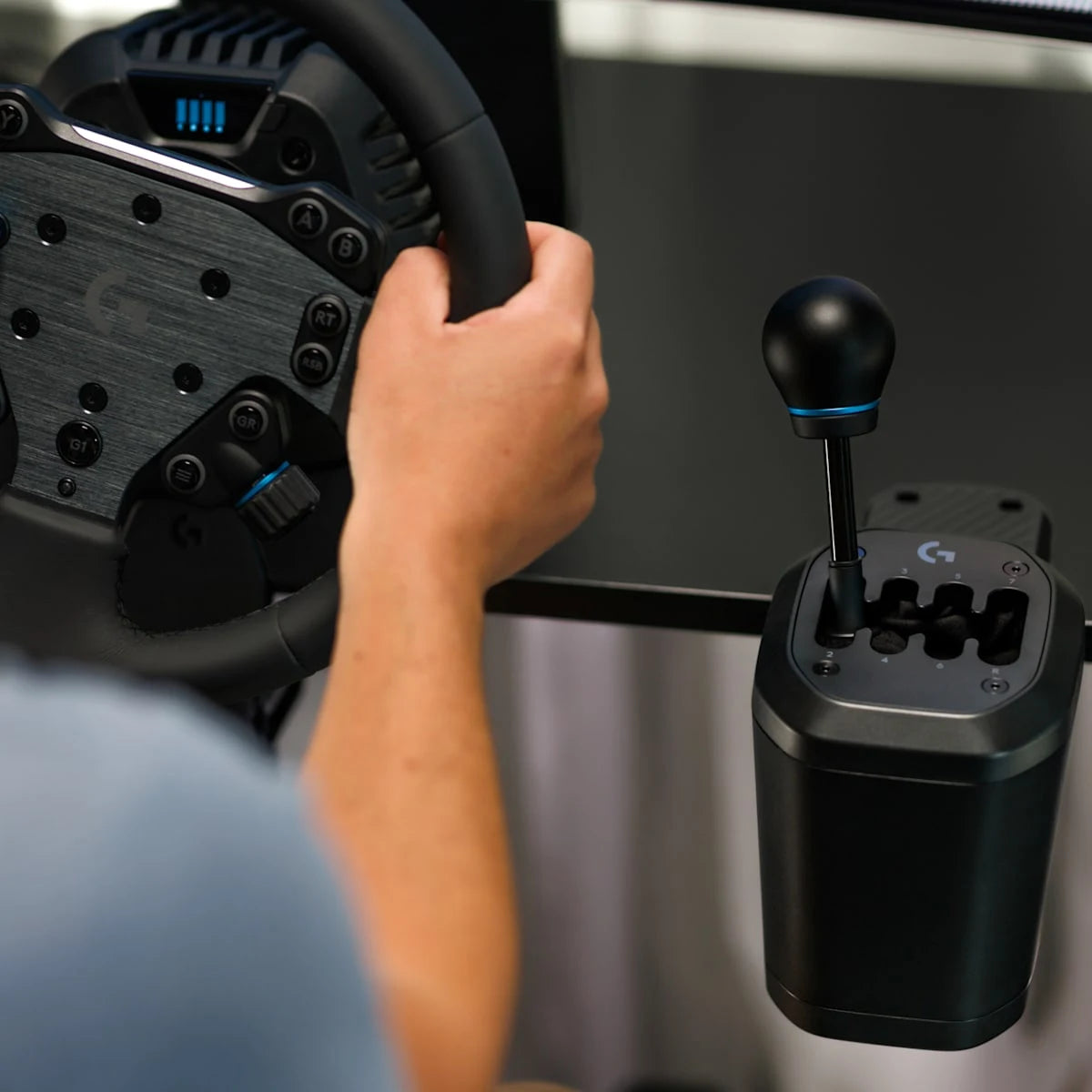 Logitech G RS H-Shifter shown in use during a sim racing session