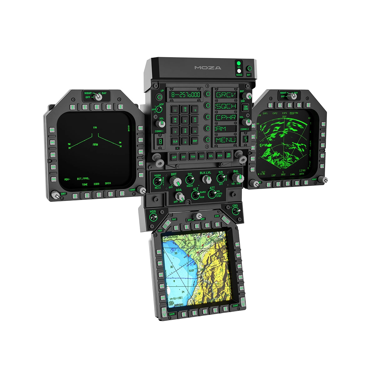 MOZA FMP18 cockpit panel bundle at an angle showing active radar, HUD repeater and colour moving-map displays