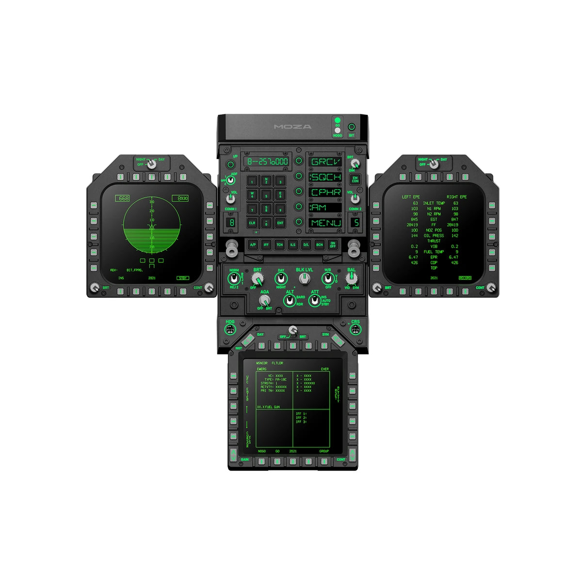 MOZA FMP18 fighter jet cockpit panel bundle with dual DDI displays, AMPCD and FPP module