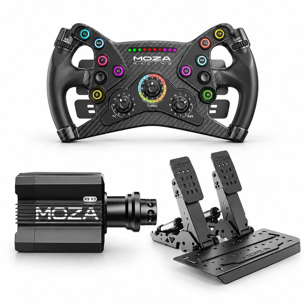 MOZA R9 GT Bundle components laid out: KS steering wheel above, R9 V3 direct drive base and SRP2 throttle and brake pedals below
