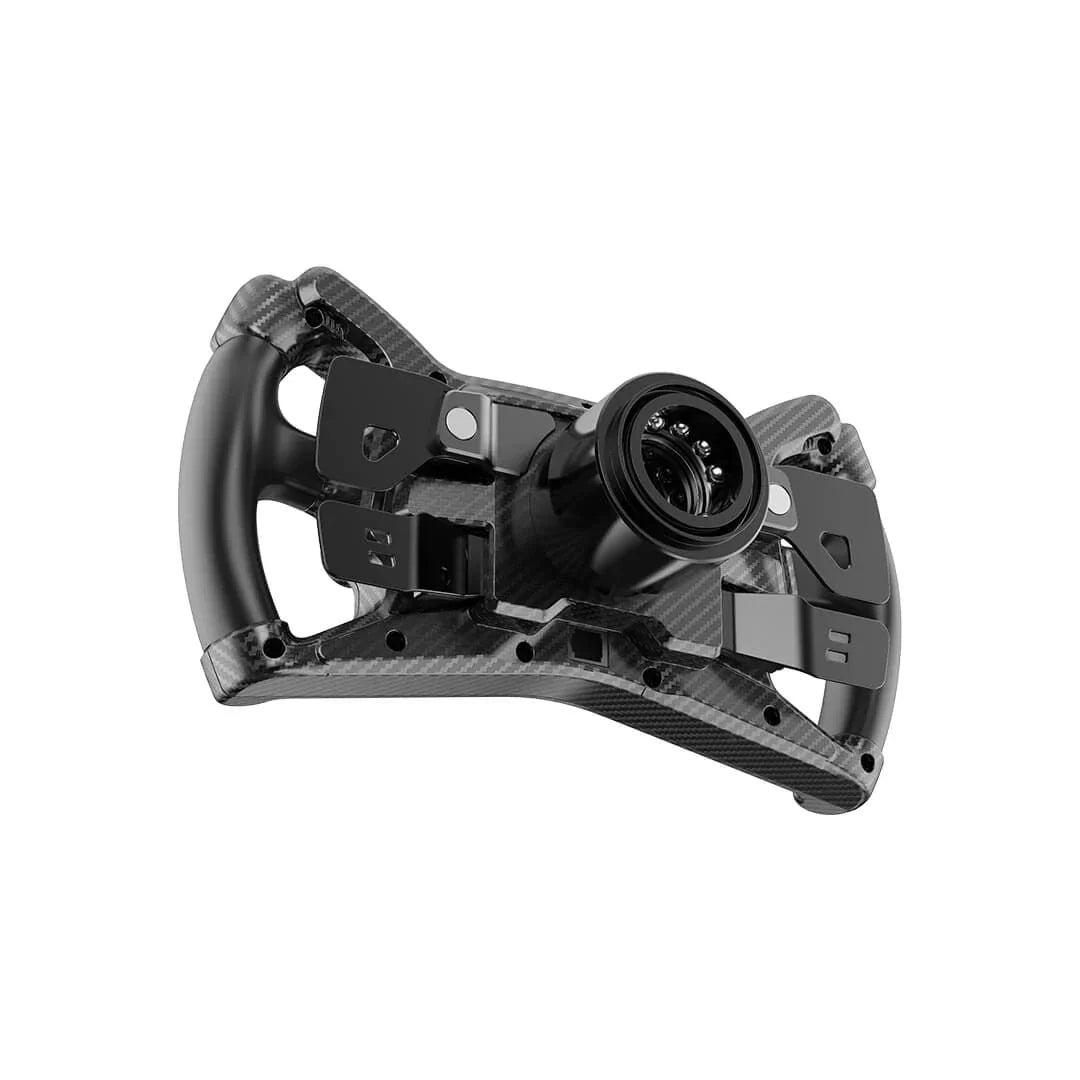 MOZA KS steering wheel rear three-quarter view showing the MOZA quick release
