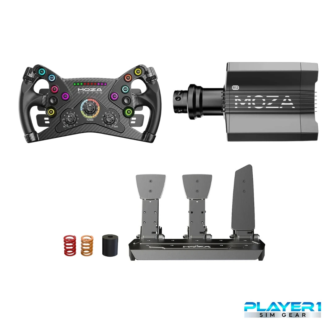 Moza R12 GT Bundle for Sim Racing on Player1 Sim Gear. Moza R12, Moza KS Wheel and Moza SRP Pedals.