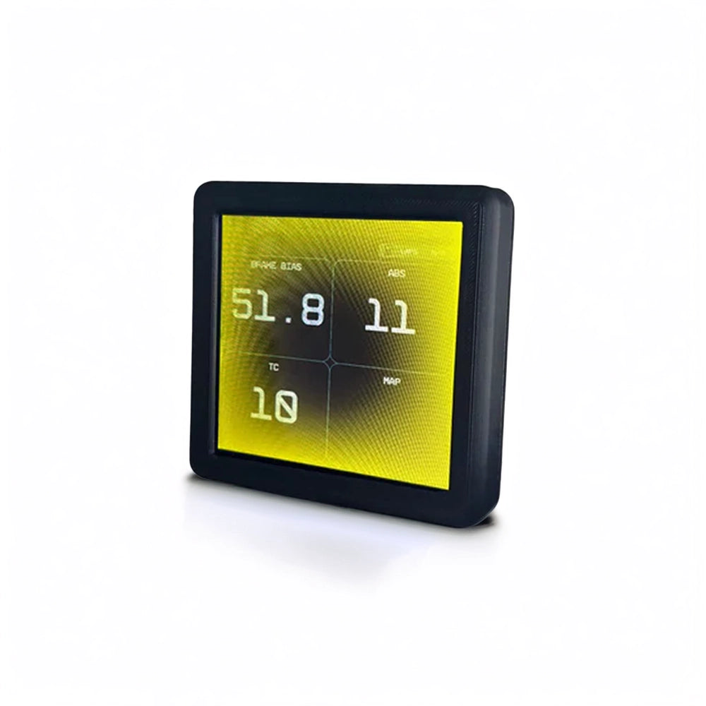 NCRD 4-inch Touchscreen Flagbox showing a SimHub telemetry dashboard with brake bias, ABS, TC and map data