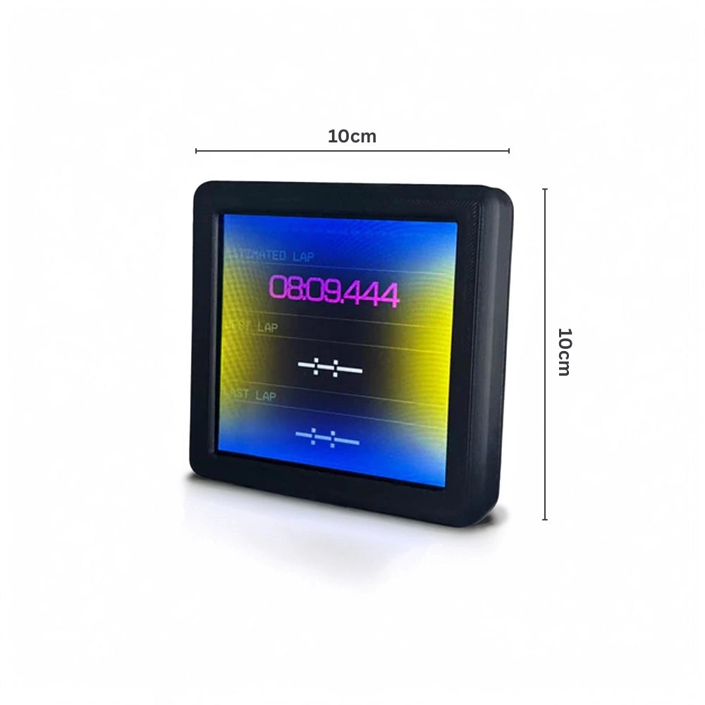 NCRD 4-inch Touchscreen Flagbox showing a SimHub lap-timing dashboard with estimated and last-lap times with dimensions measurements