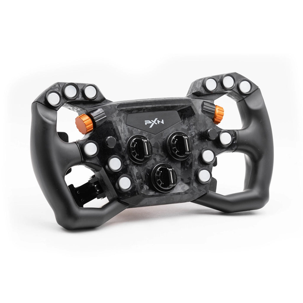 PXN GT ONE steering wheel, angled front view with the RGB buttons unlit, showing the orange encoder dials