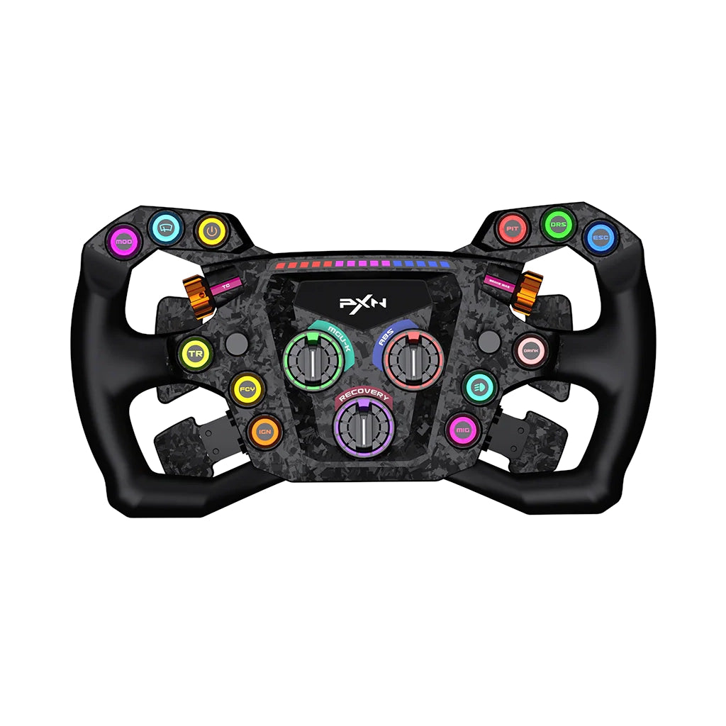 PXN GT ONE 300mm GT steering wheel, front view — 12 RGB buttons, funky switches and orange TC and brake bias dials