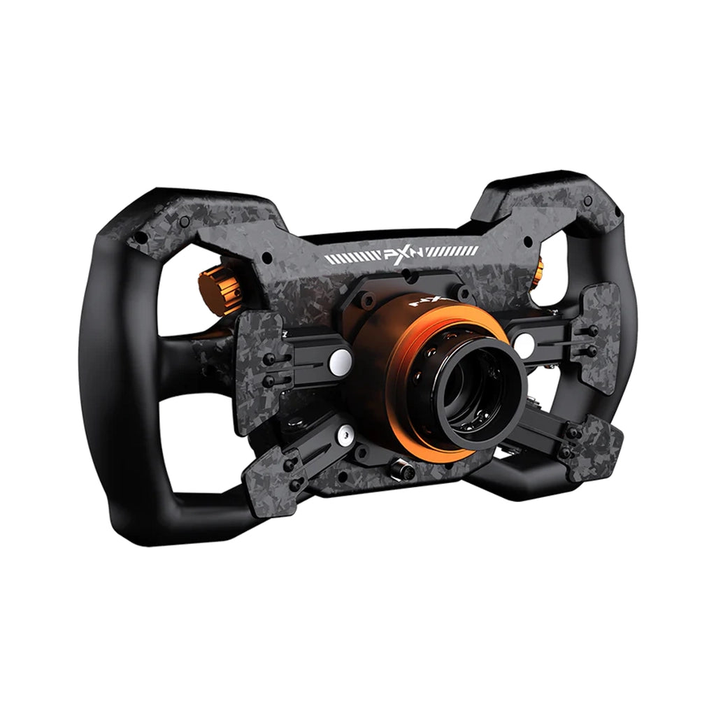 PXN GT ONE steering wheel, rear three-quarter view — orange quick release hub and shift and clutch paddle mounts