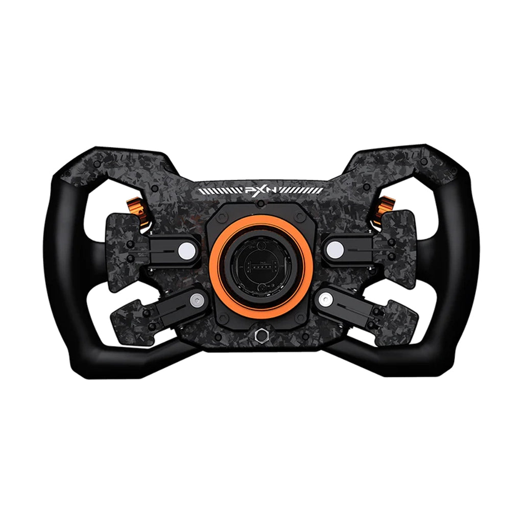 PXN GT ONE steering wheel, rear view — four carbon fibre paddles and the orange PXN quick release hub