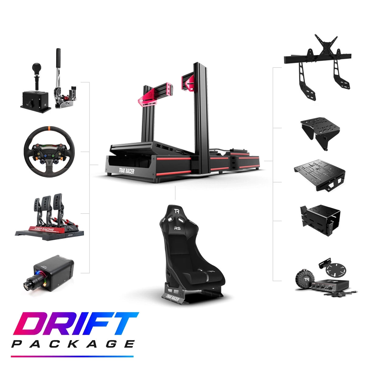 Drift and Rally Pack direct-drive sim racing cockpit built on the Trak Racer TR120S V2 rig included components