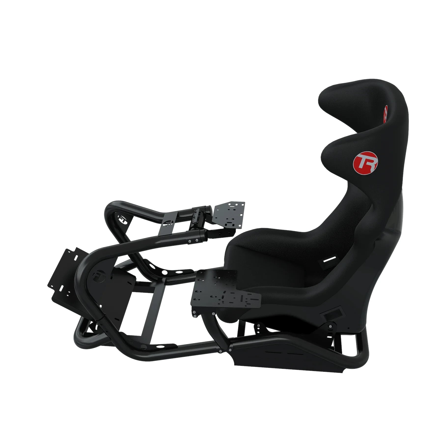Trak Racer Left/Right Side Shifter/Handbrake Upgrade Kit brackets installed on a Trak Racer cockpit fitted with a black TR bucket seat