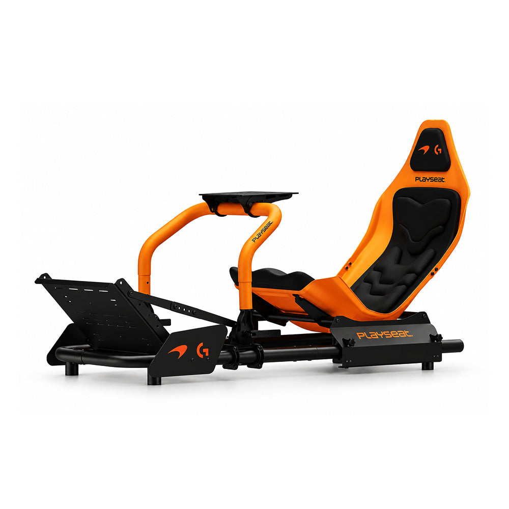 Playseat Formula Instinct McLaren Racing Edition cockpit, three-quarter view with papaya steel frame and Modufoam seat