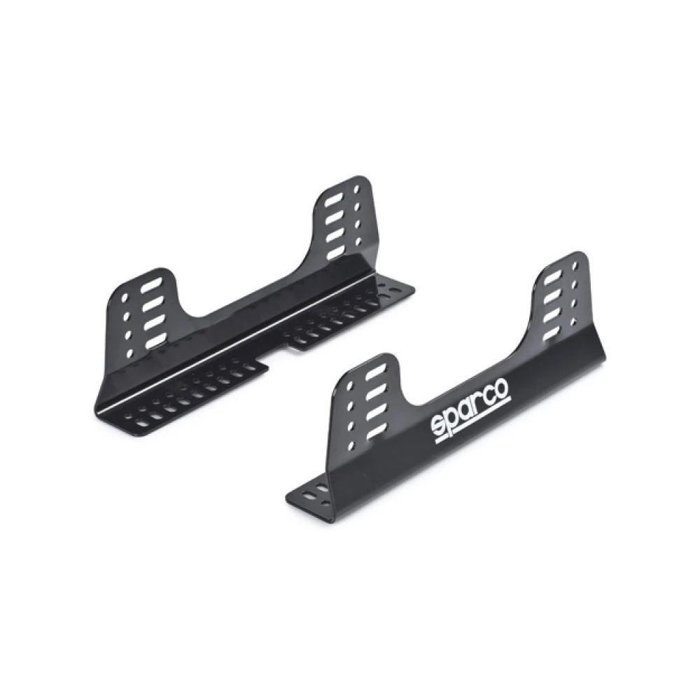 Sparco Seat Brackets in steel, pair of black side-mount brackets with slotted adjustment, one showing the Sparco logo