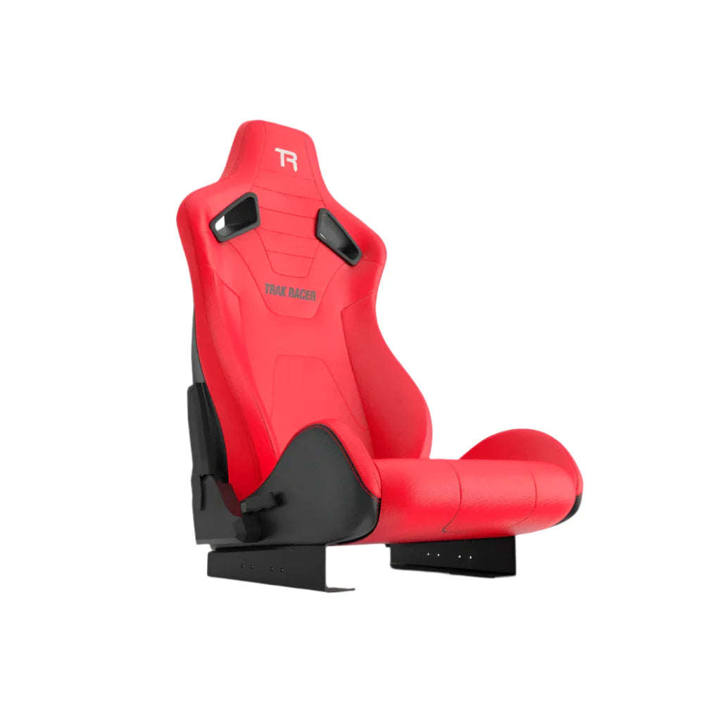 Trak Racer seat bracket set for reclining seats, fitted to a reclining seat, three-quarter view (seat sold separately)