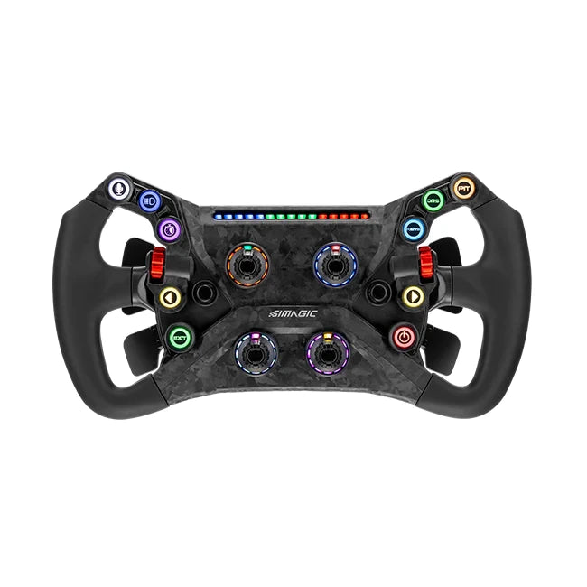 A Simagic GT Neo racing steering wheel with carbon fiber composites, featuring aluminum thumb encoders, 7-way switches, rotary encoders, and RGB buttons.