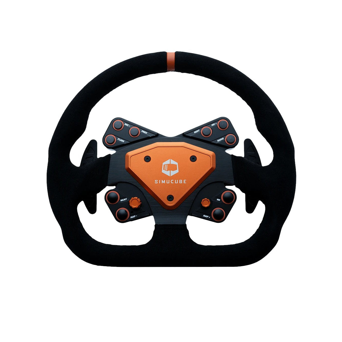 Simucube Tahko GT-21 Wireless Wheel, a steering wheel with black suede finish and orange buttons, designed for sim racing.