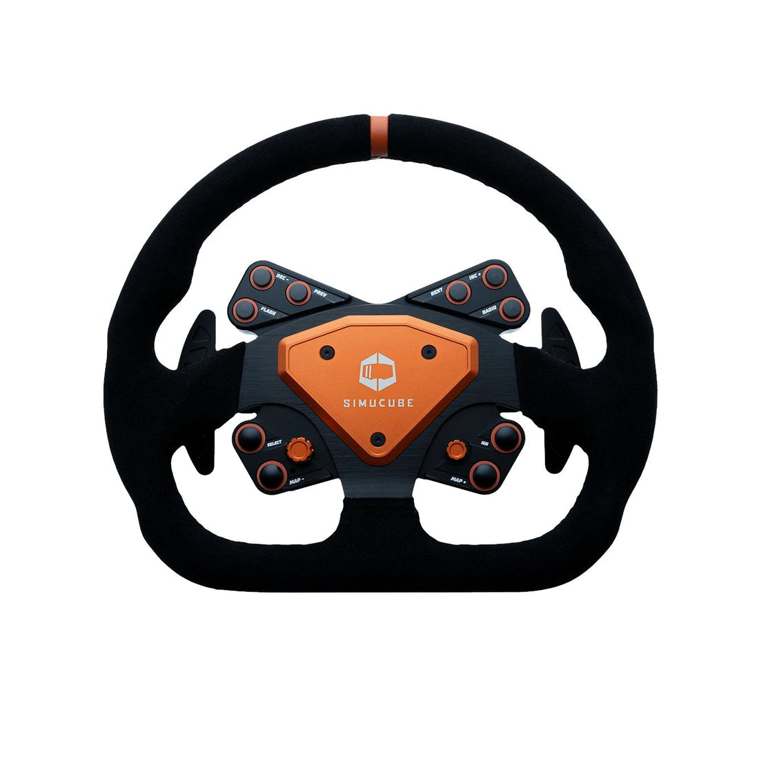 Simucube Tahko GT-21 Wireless Wheel, a steering wheel with black suede finish and orange buttons, designed for sim racing.