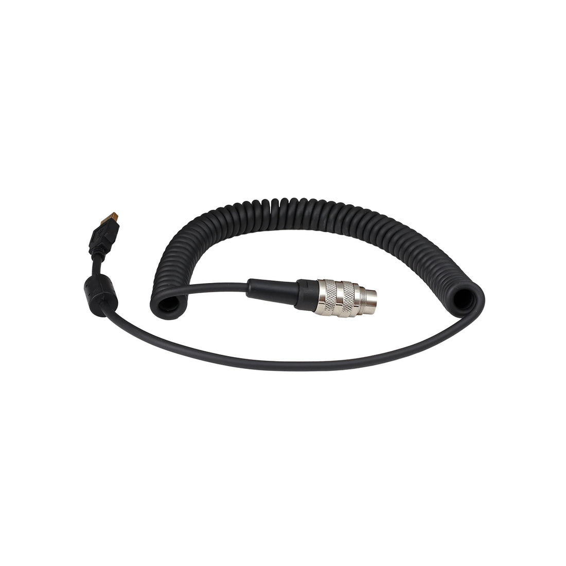 Soelpec Spiral USB Cable, black coiled USB lead with a USB plug, ferrite core and silver 4-pin circular wheel connector