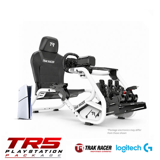 A TRS PlayStation racing simulator setup featuring a black and white racing seat, steering wheel, pedals, and a white PlayStation console, shown on a white background with TRS and Logitech logos at the bottom.