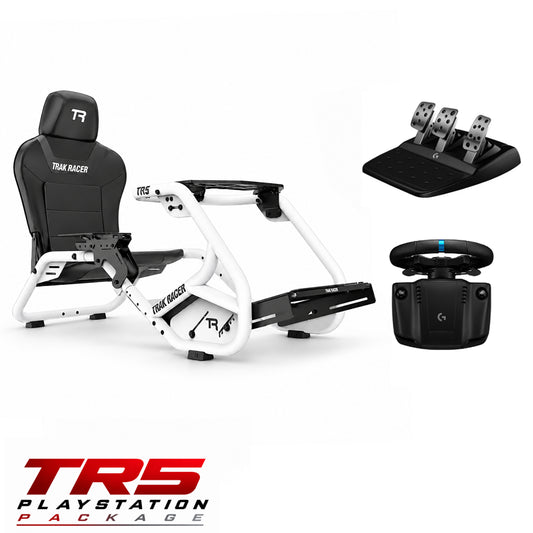 TR5 PlayStation Pack contents, white Trak Racer TR5 cockpit with Logitech G923 wheel and pedals