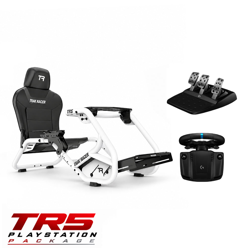 A TRS Racer 5 gaming simulator package featuring a white and black racing seat, a steering wheel, a pedal set, and a throttle module, displayed on a clean white background with a red and black TRS PlayStation Package logo at the bottom.