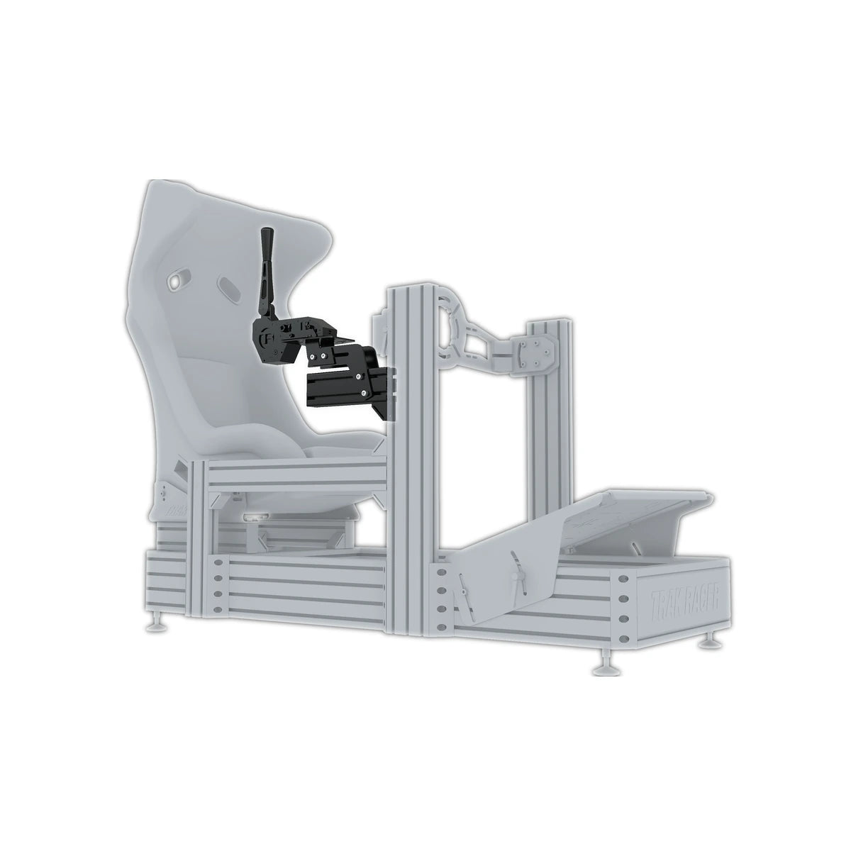 Trak Racer 240mm side mount with a shifter fitted, three-quarter render on an aluminium sim rig