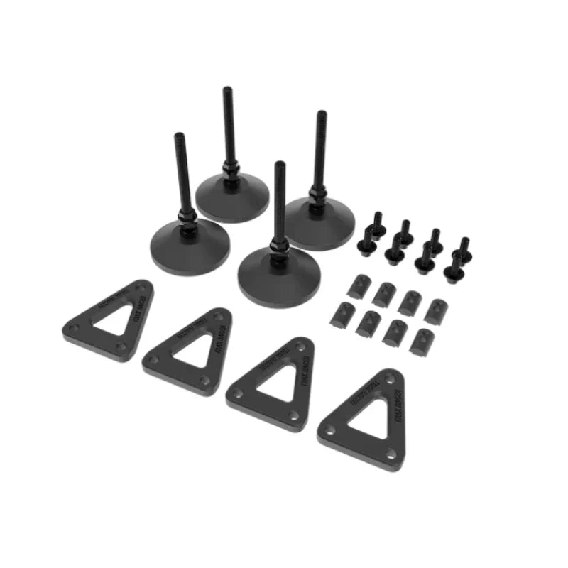 Trak Racer adjustable legs and rubber feet, full kit laid out with mounting plates and screws
