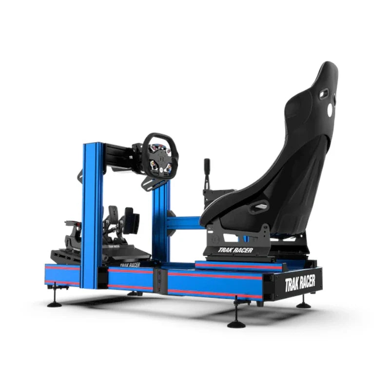 Trak Racer adjustable legs and rubber feet, fitted to a blue Trak Racer sim rig chassis