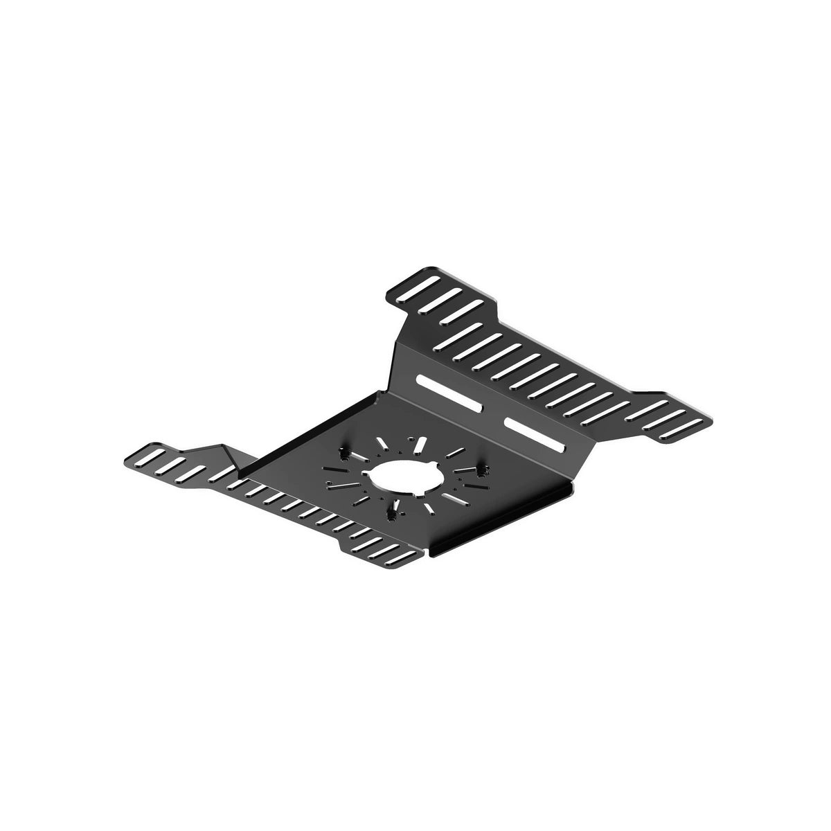 Trak Racer large bass shaker mount, rear three-quarter view — folded tabs and centre bolt pattern