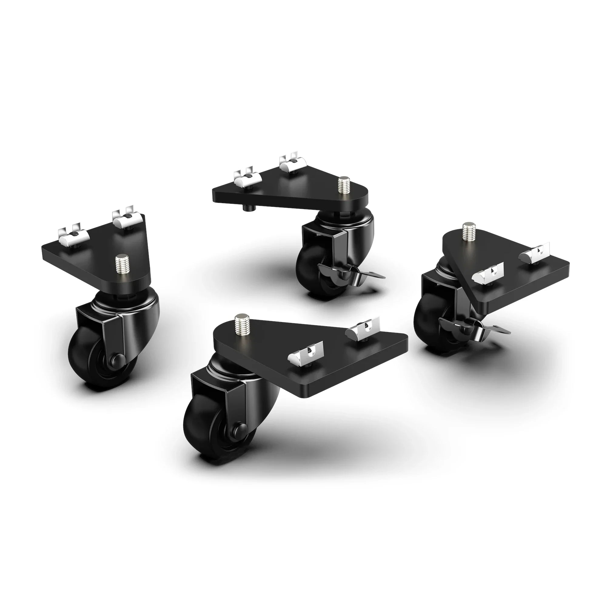 Universal caster wheels with brake and triangular mounting brackets, four assembled casters laid out