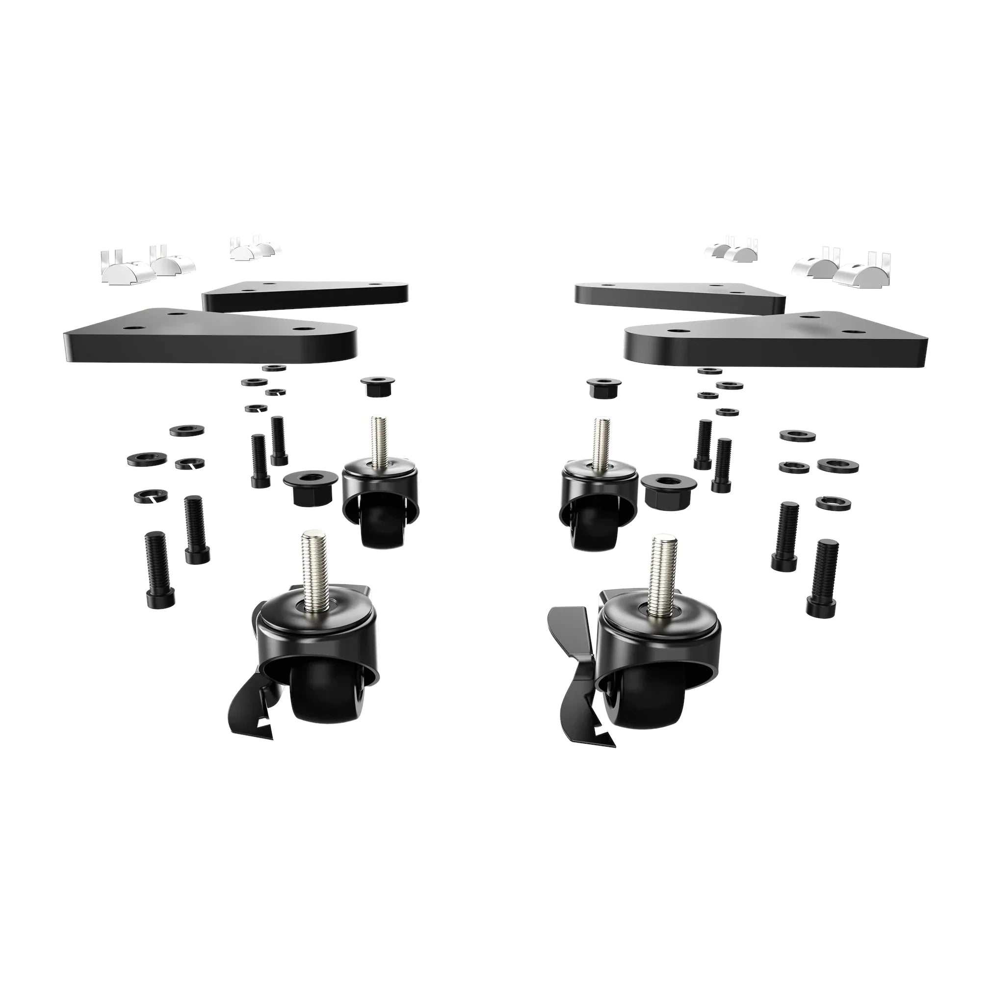 Universal caster wheels kit exploded view, mounting brackets, T-nuts, bolts, washers and braked casters