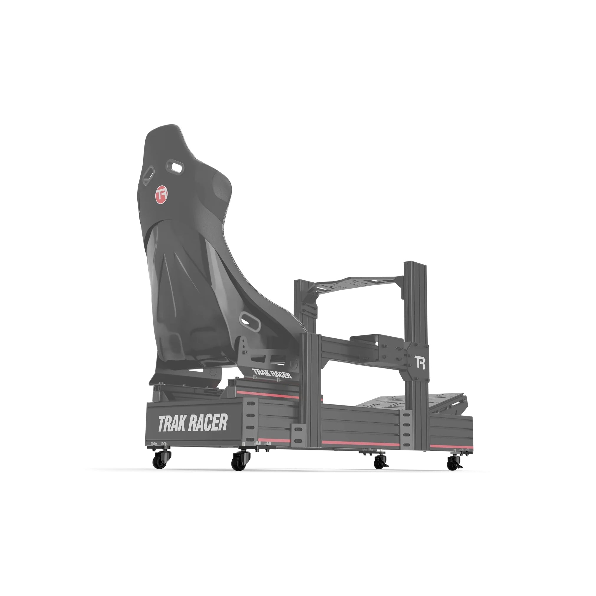 Universal caster wheels shown fitted under an aluminium-profile sim rig with a ghosted seat for reference