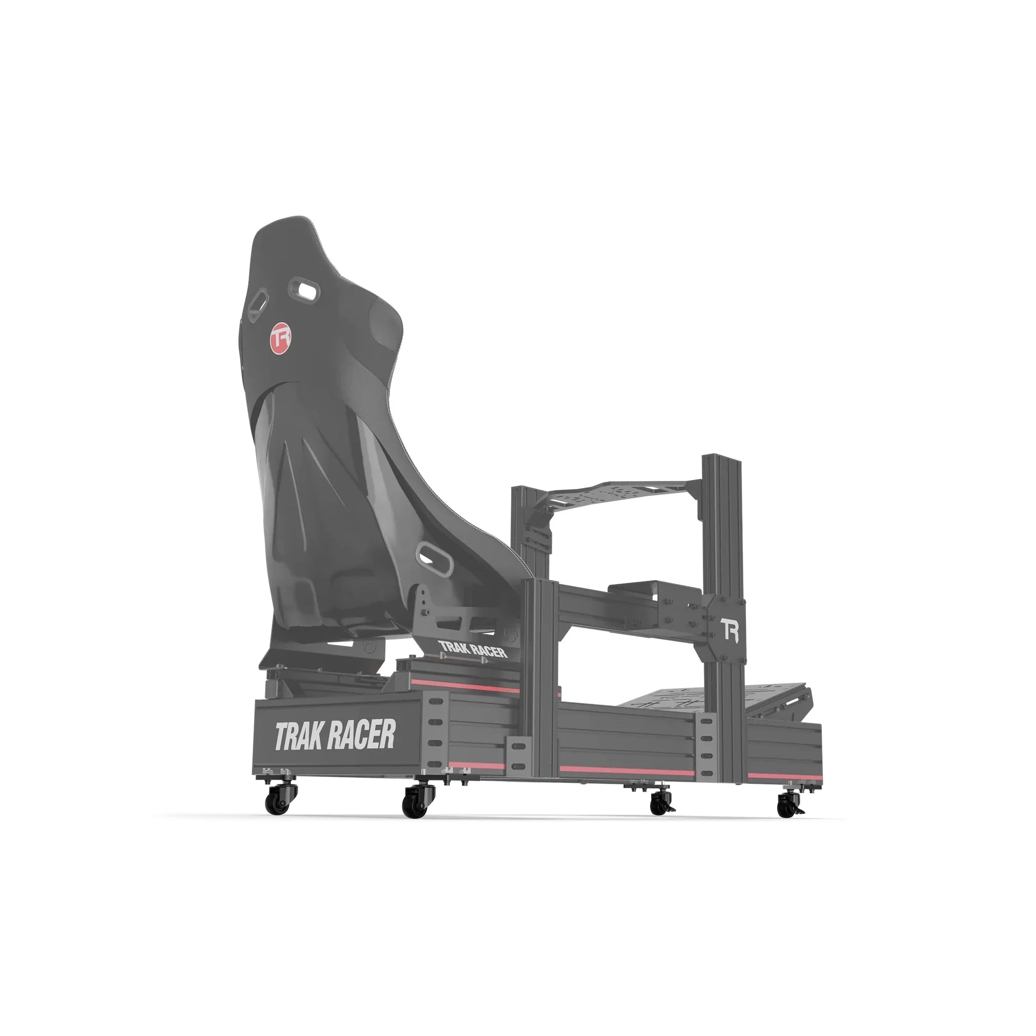 Universal caster wheels shown fitted under an aluminium-profile sim rig with a ghosted seat for reference