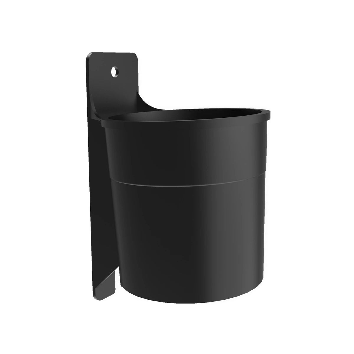 Trak Racer nylon cup holder, front three-quarter — matte-black bolt-on holder with mounting bracket