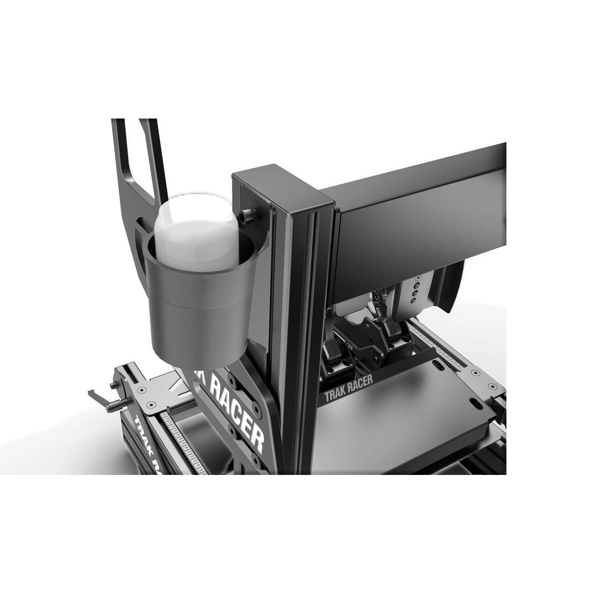 Trak Racer nylon cup holder, in-rig close-up — mounted on extruded aluminium profile with drink bottle