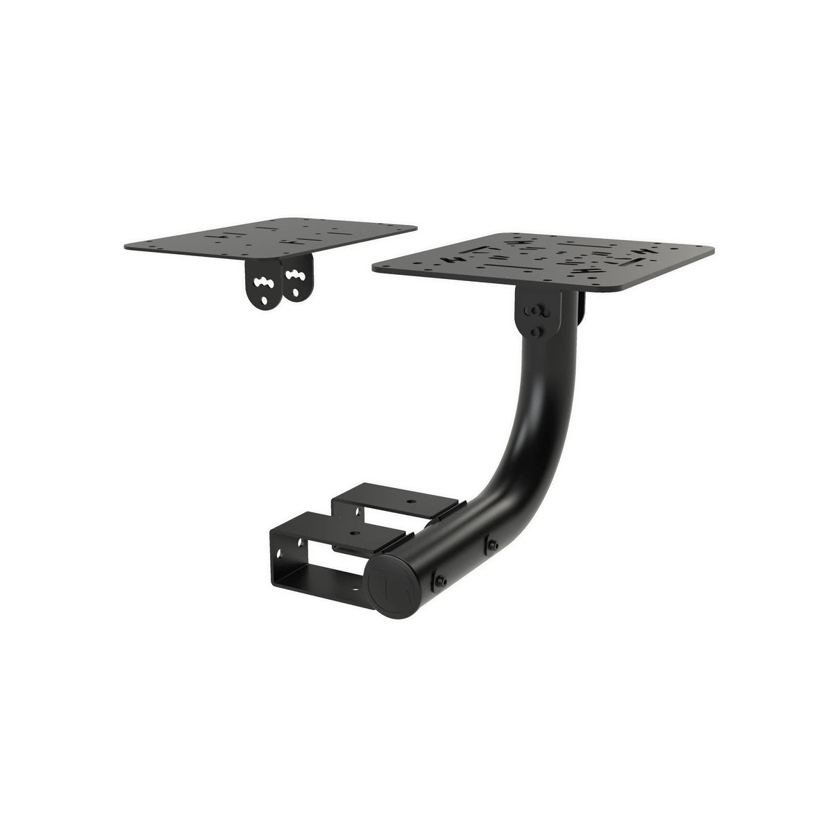 Trak Racer TR-FS02 flight sim mount, three-quarter view with curved tubular arm and dual joystick and throttle mounting plates